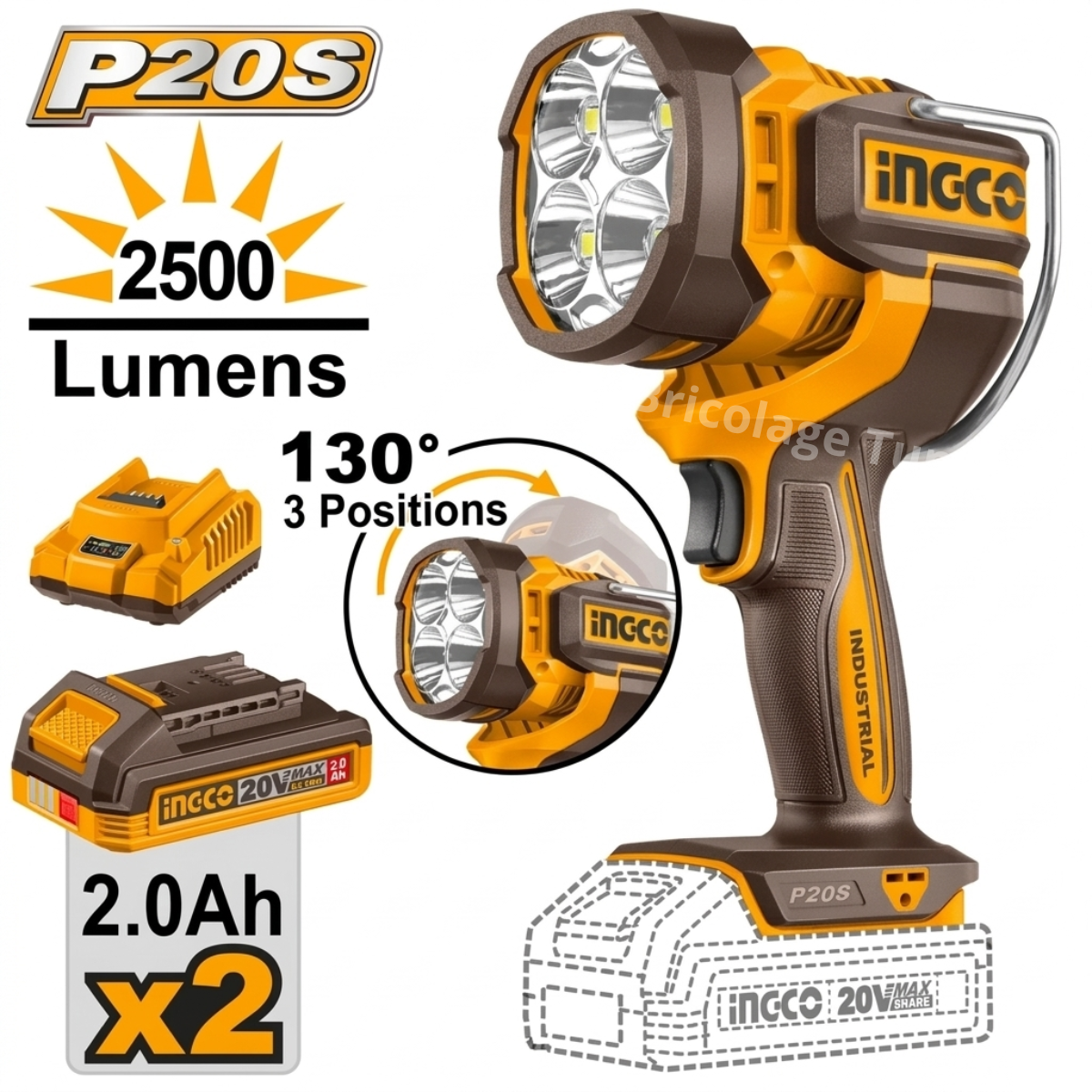 Lampe de travail sans fil industrielle INGCO CWLI20887 20V avec éclairage LED 2500 lumens et 2 batteries