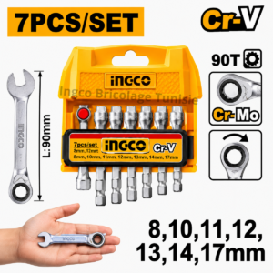Jeu de 7 clés à cliquet courtes INGCO HKSPAR2074 avec support en plastique