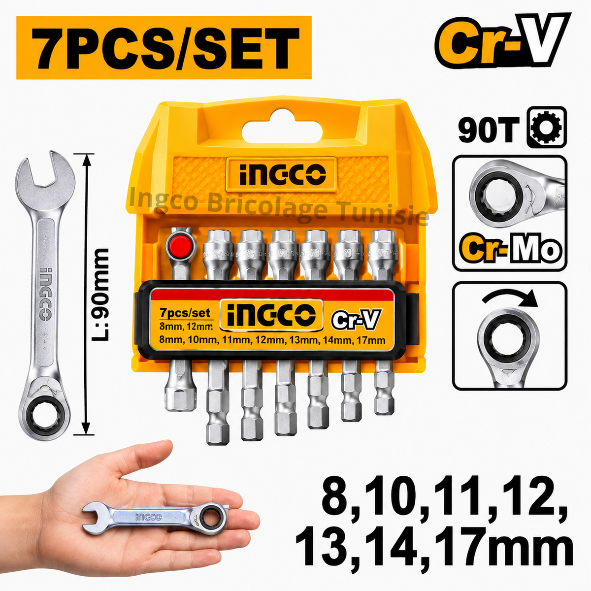 Jeu de 7 clés à cliquet courtes INGCO HKSPAR2074 avec support en plastique