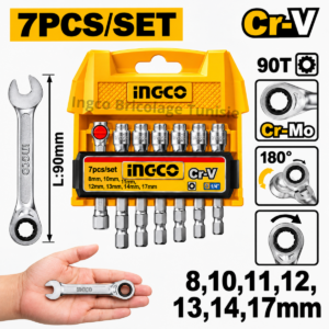 Jeu de 7 clés à cliquet courtes et flexibles INGCO HKSPAR2075 à tête pivotante à 180°