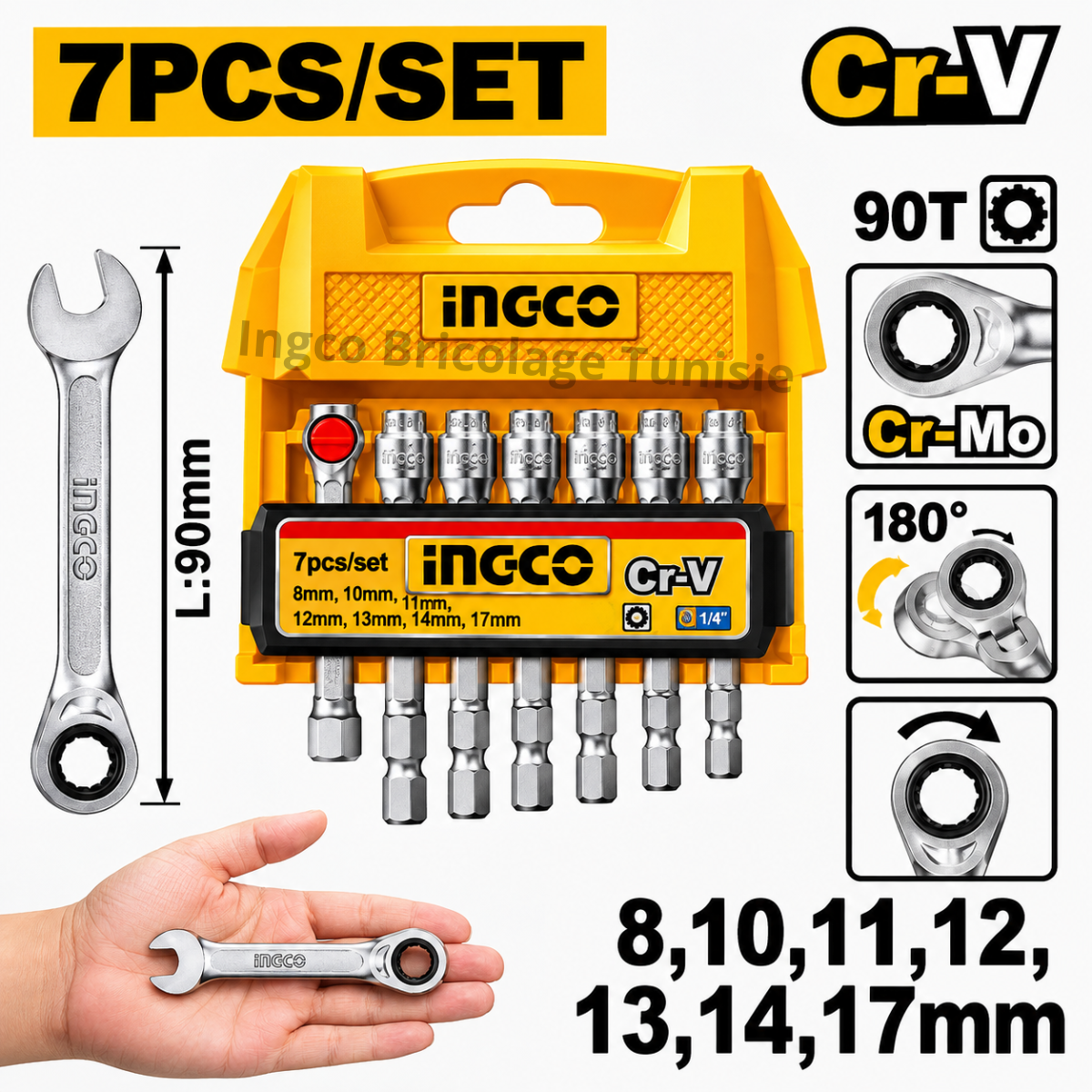 Jeu de 7 clés à cliquet courtes et flexibles INGCO HKSPAR2075 à tête pivotante à 180°