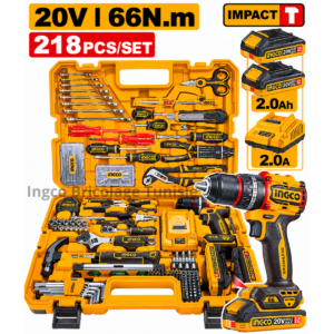 Pack 218 pcs INGCO HKTHP42182 avec perceuse à percussion Brushless 20V, batterie, chargeur et outils à main