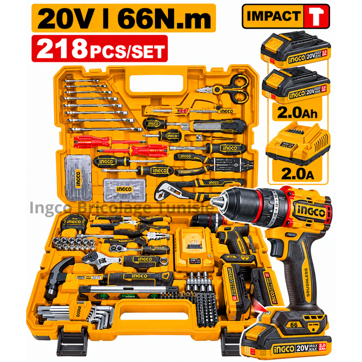 Pack 218 pcs INGCO HKTHP42182 avec perceuse à percussion Brushless 20V, batterie, chargeur et outils à main
