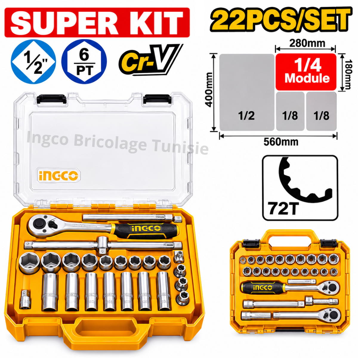 Coffret Ensemble de 22 douilles de 1/2" SUPER KIT INGCO HKTS12226 avec clé à cliquet et accessoires.