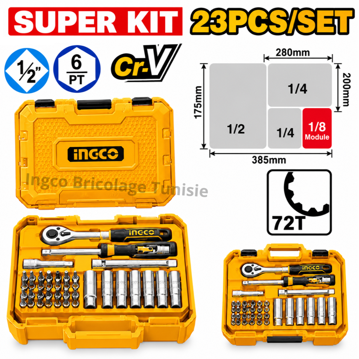 Jeu de douilles INGCO HKTS14236 avec cliquet 1/4 pouce, douilles standard et profondes et coffret en plastique