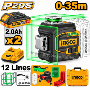 Niveau laser INGCO HLL3012165 20 V avec 12 lignes vertes à 360°, deux batteries, télécommande et base rotative