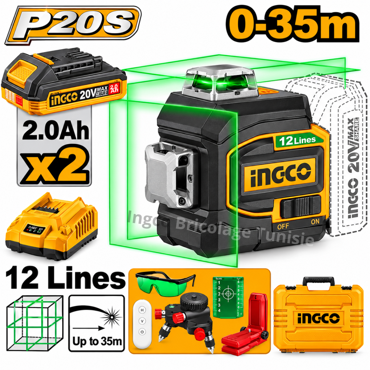 Niveau laser INGCO HLL3012165 20 V avec 12 lignes vertes à 360°, deux batteries, télécommande et base rotative