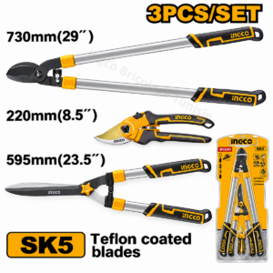 Ensemble de 3 cisailles de jardin INGCO HLT76133 comprenant un sécateur de 220 mm, une cisaille à haie de 595 mm et un ébrancheur de 730 mm.